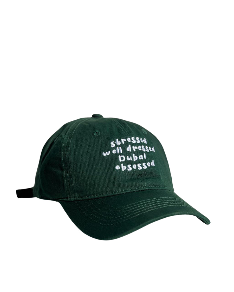 Cotton Cap With Embroidered Slogan - Stressed Well Dressed Dubai Obsessed